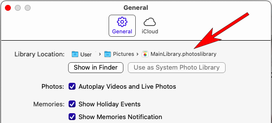 Mac Photos Preferences showing system library location