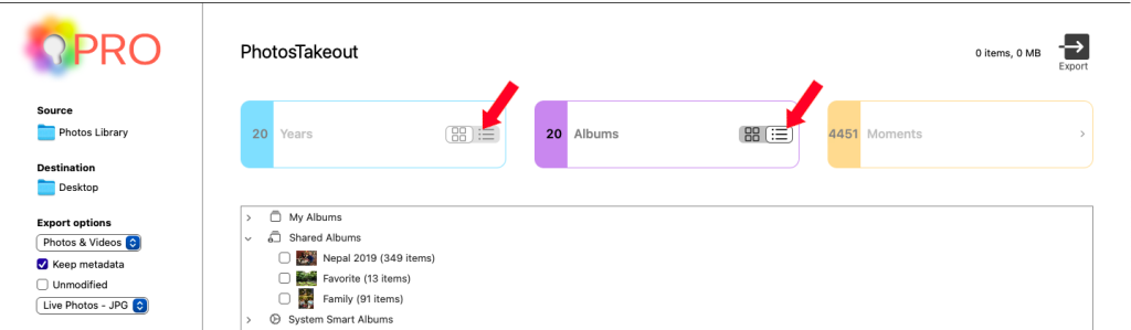 Photos Takeout app: List view for albums